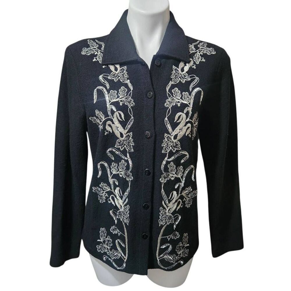 Jones New York Collection wool button front cardigan sweater black silver small